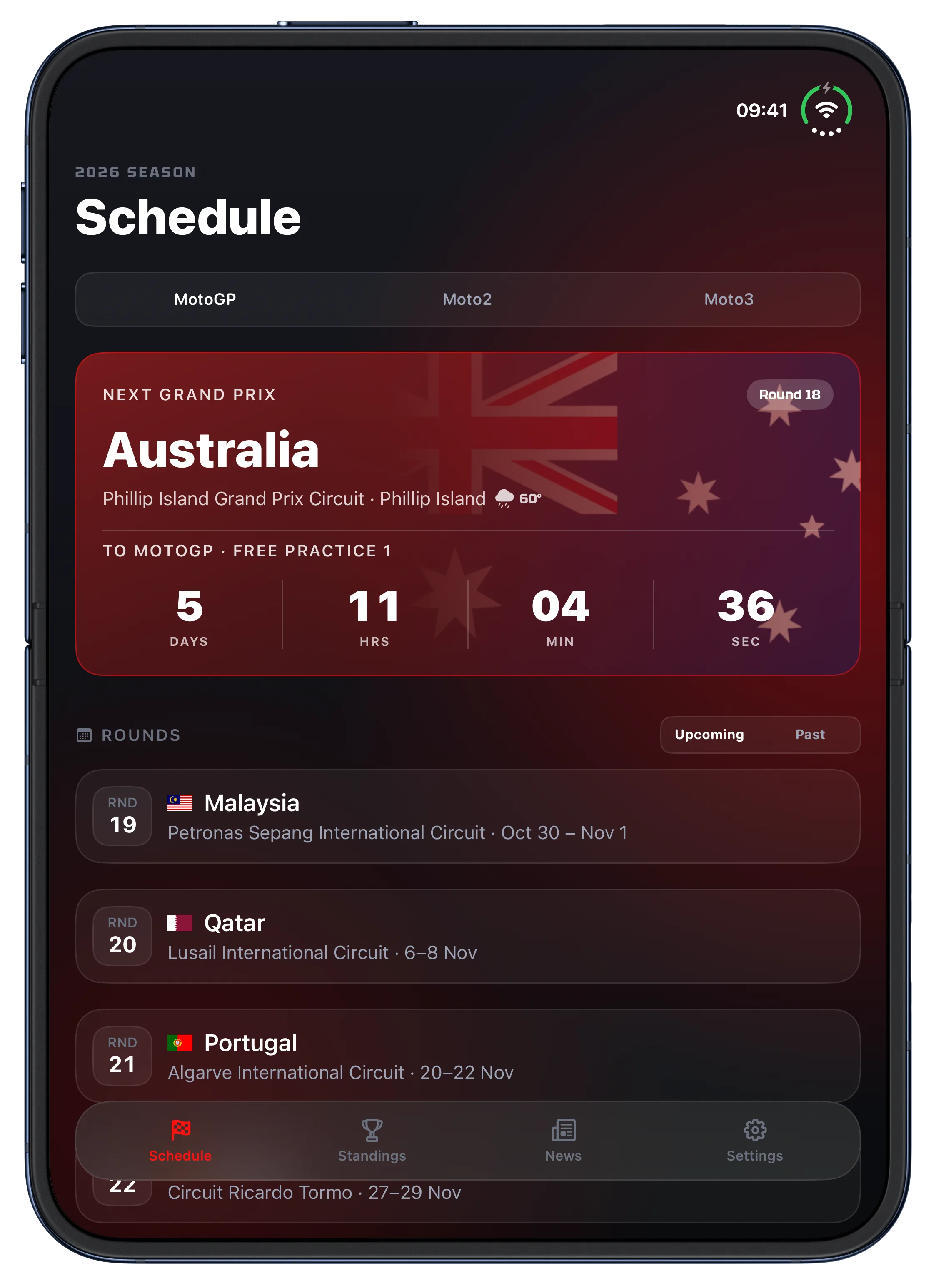 Race Results schedule on the iPhone Duo inner display